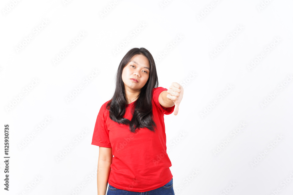 Showing Thumb Down, Dislike Concept Of Beautiful Asian Woman Wearing Red Shirt Isolated On White Background Showing Thumb Down, Dislike Concept Of Beautiful Asian Woman Wearing Red Shirt Isolated On White Background