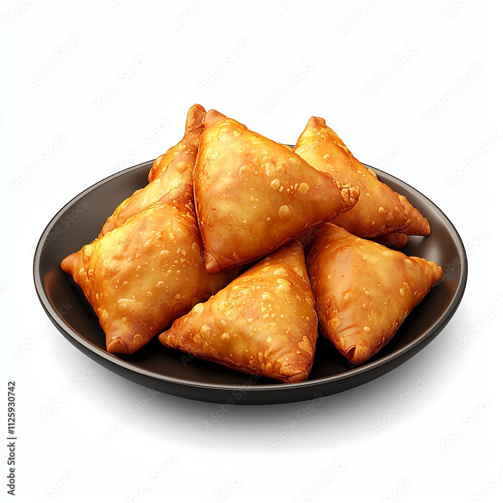 A plate of golden-brown samosas, crispy and triangular, showcasing a savory filling, perfect for snacks or appetizers. A plate of golden-brown samosas, crispy and triangular, showcasing a savory filling, perfect for snacks or appetizers.
