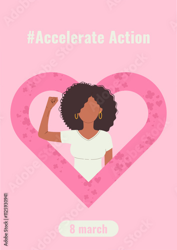 AccelerateAction 2025 campaign. International Womens Day 8 march vertical poster. Woman showing strength in their hand. Flat vector illustration