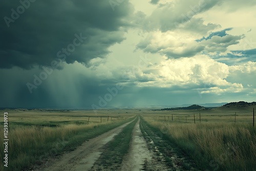 A serene dirt road stretches through a vast landscape under a moody sky with impending rain.