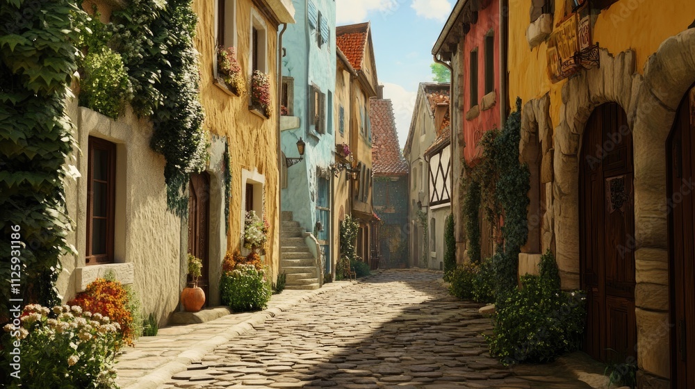 Charming cobblestone street in a quaint European village, sunlight illuminates colorful buildings and lush greenery. Charming cobblestone street in a quaint European village, sunlight illuminates colorful buildings and lush greenery.