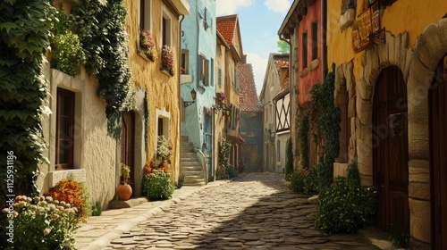 Charming cobblestone street in a quaint European village  sunlight illuminates colorful buildings and lush greenery.