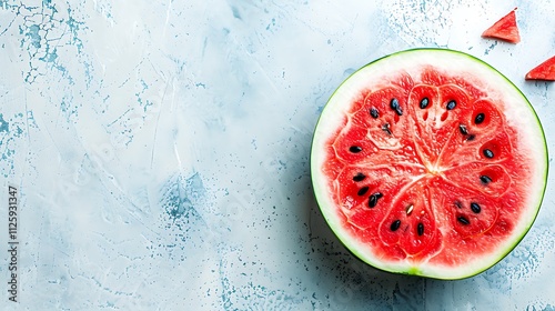 Juicy watermelon half on pale background suitable for summer themed designs, food blogs, printables, and social media graphics photo