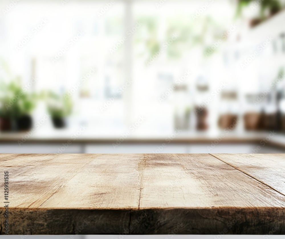 Rustic wooden table top over blurred bright kitchen background. Rustic wooden table top over blurred bright kitchen background.