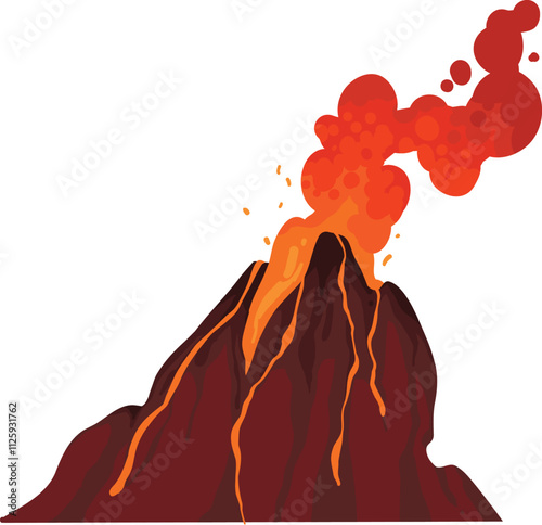 Volcano. Mountain eruption with fire lava explosion with smoke. Volcanic magma flow element for computer game landscape. Volcano vector isolated icon on white background