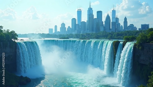 Majestic Waterfall with City Skyline in Bright Blue Sky