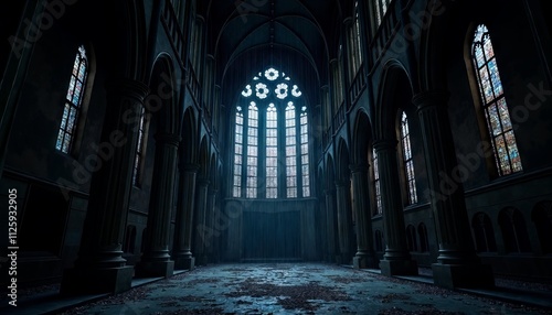 Dark Gothic Interior of Abandoned Church with Stained Glass Windows