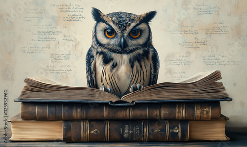 Cartoon owl symbol of wisdom, sitting on book. photo