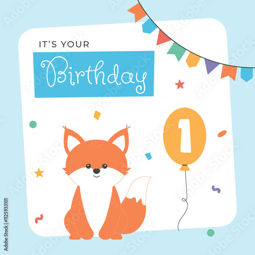 Greeting and invitation for kids first Happy Birthday party. Cute baby fox and balloon one in flat childrens style. Vector illustration, design for card, poster, event, prints