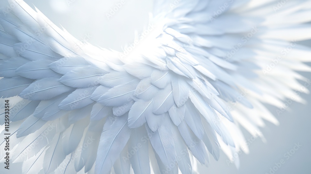 Fototapeta premium 32.Elegant 3D depiction of angel wings in white, each feather meticulously crafted to create a sense of softness and realism; the wings are slightly spread in a protective gesture, embodying purity