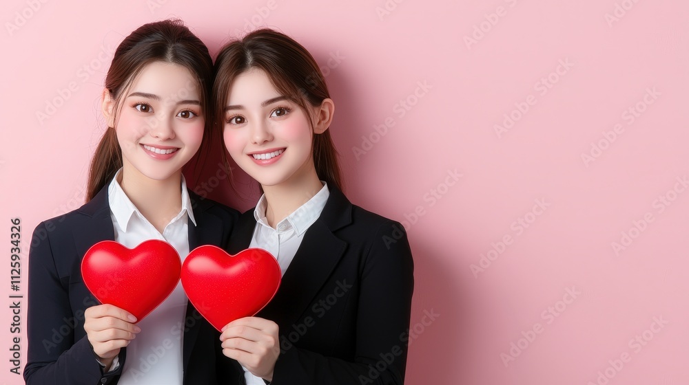 Two Women in Suits Holding Red Hearts Valentine s Day Friendship Love Two Women in Suits Holding Red Hearts Valentine s Day Friendship Love