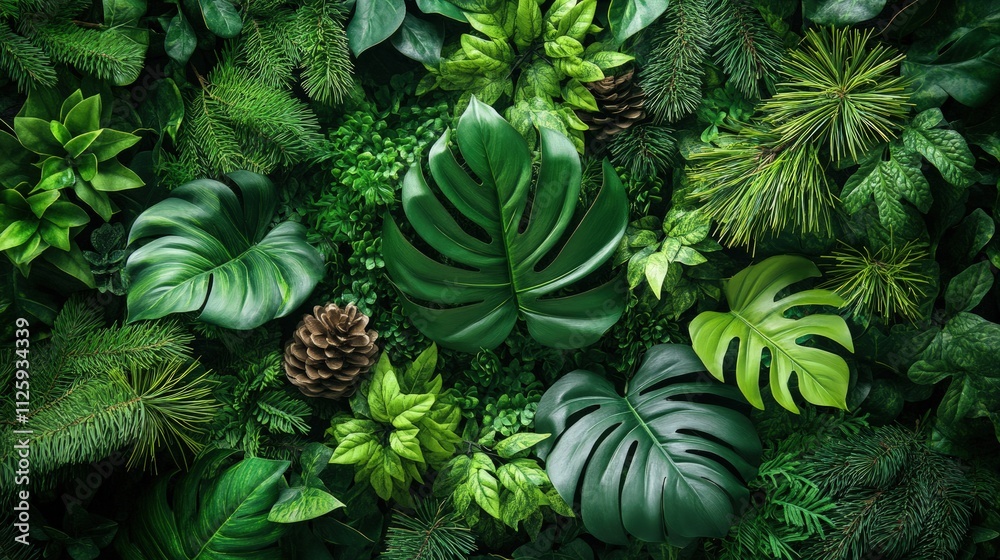 custom made wallpaper toronto digitalLush green tropical foliage wall with monstera leaves, pine cones, and various greenery.