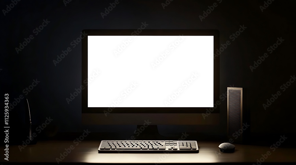 Desktop computer mockup with blank white screen in dark room Desktop computer mockup with blank white screen in dark room