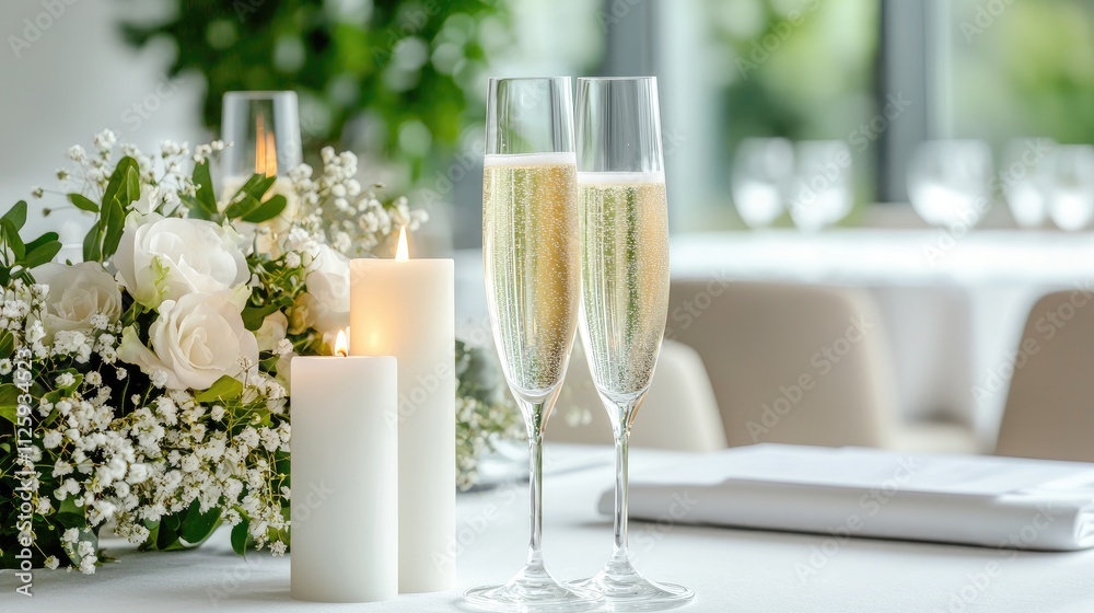 Two champagne flutes with candles and flowers on a table. Two champagne flutes with candles and flowers on a table.