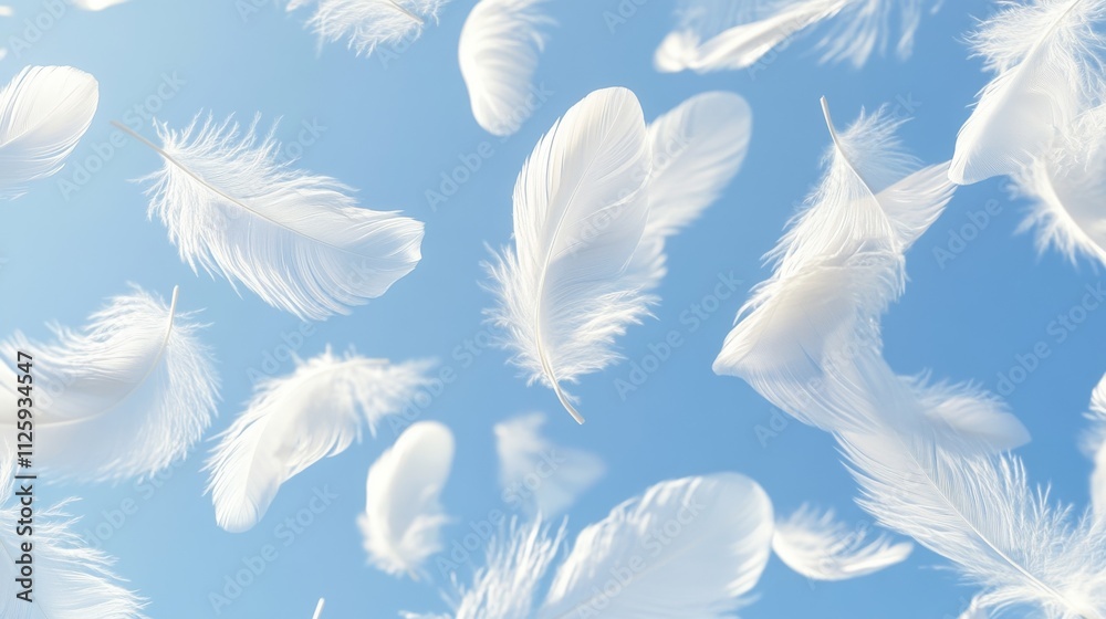 Obraz premium 60.Close-up of a group of delicate white feathers floating upward in a crisp blue sky; the 3D rendering captures every featherâ€™s soft detail, creating an atmosphere that feels calm, weightless, and