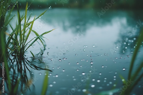 Raindrops falling on a serene pond surrounded by green grass. photo