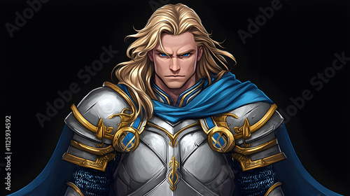 pixelated 2D game character portrait of Caucasian man with flowing blonde hair and piercing blue eyes, wearing shining silver armor with blue and gold accents, and a flowing blue cape photo