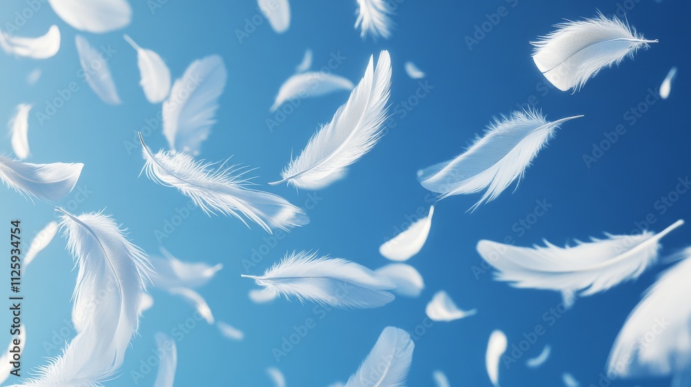 57.Modern 3D illustration of a sky filled with soft, floating white feathers, set against a rich blue background; each feather is depicted with fine detail, creating a peaceful, ethereal scene that 57.Modern 3D illustration of a sky filled with soft, floating white feathers, set against a rich blue background; each feather is depicted with fine detail, creating a peaceful, ethereal scene that
