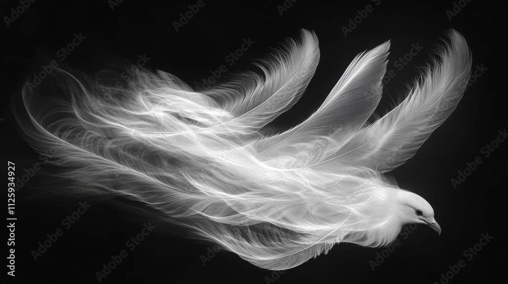 Fototapeta premium 52.Detailed image of white bird feathers in mid-dance, swirling and drifting gracefully in the darkness; the wings seem alive, each feather catching subtle light as it moves in a beautifully