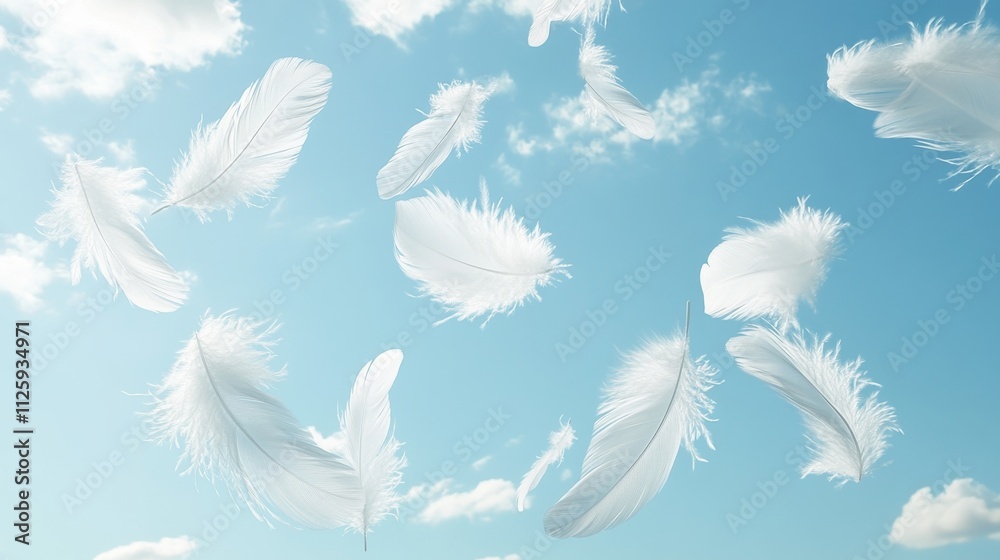 Obraz premium 58.Crisp 3D image of white feathers suspended in a clear blue sky, each feather gracefully drifting as if carried by a gentle breeze; the arrangement feels airy and calm, perfect for creating a