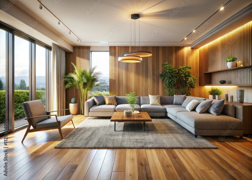 Fototapeta premium Minimalist Living Room Design: Wooden Floor, Wall Decor, Drone Photography