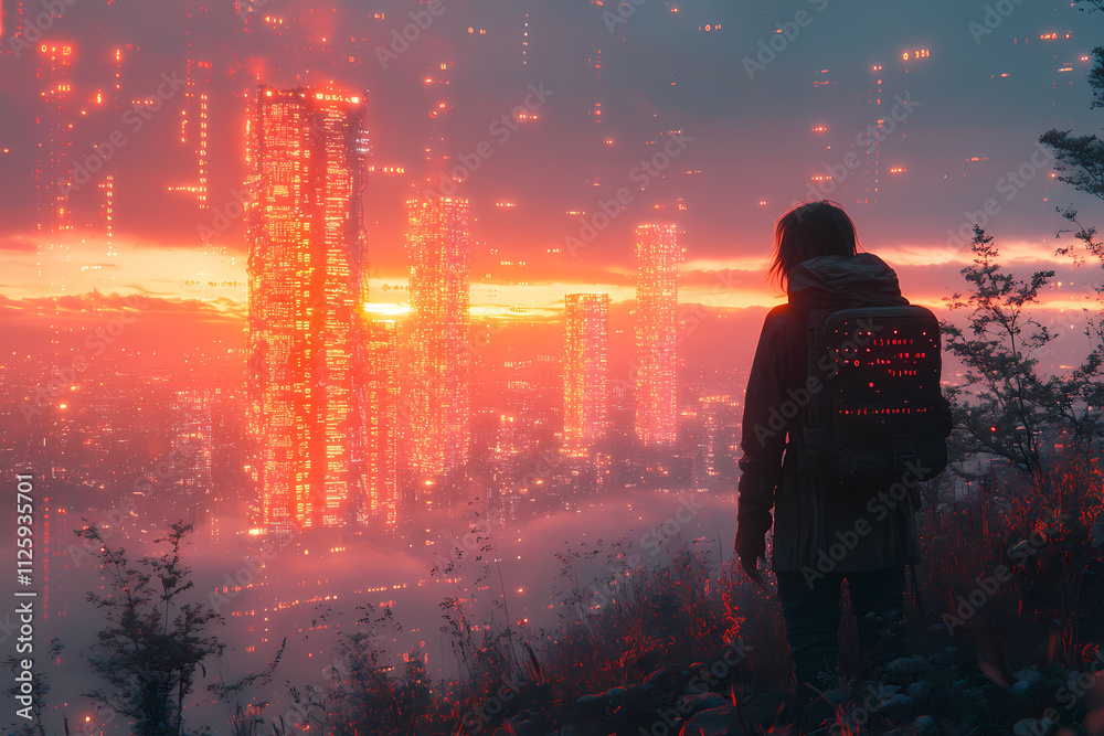 Standing in the city, a group of young people gazed at the towering skyscrapers made completely from data and code. Standing in the city, a group of young people gazed at the towering skyscrapers made completely from data and code.