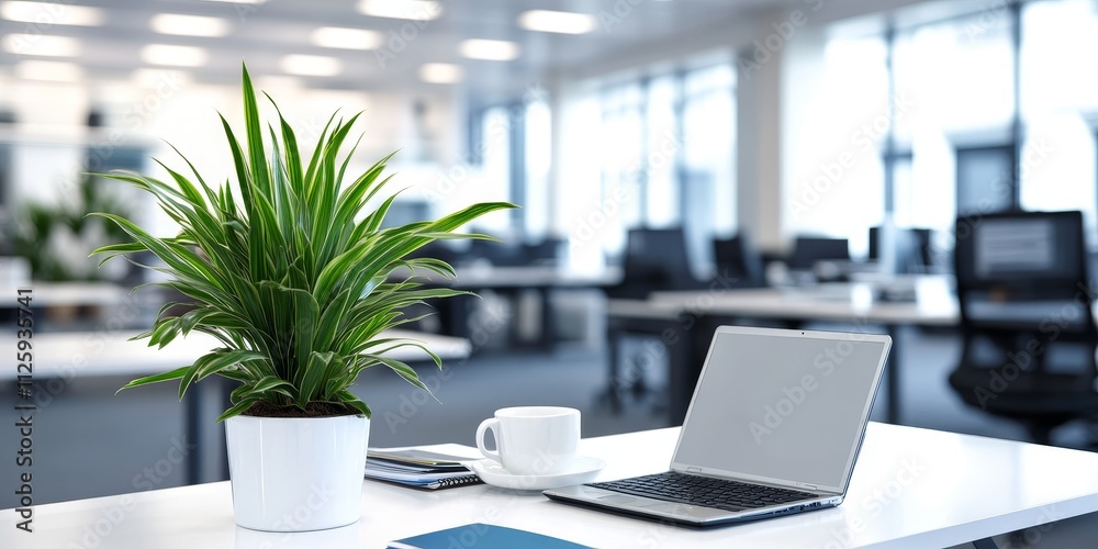 custom made wallpaper toronto digitalModern office workspace with laptop, plant, and coffee cup.