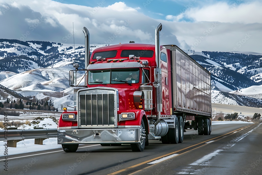 Red big rig semi truck on the highway Red big rig semi truck on the highway