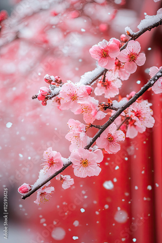 the plum tree in front of the red wall, with bright red plum blossoms blooming and snow covering it, creates a romantic atmosphere in winter. a cat is sleeping under a tree, quiet and peaceful. the pi