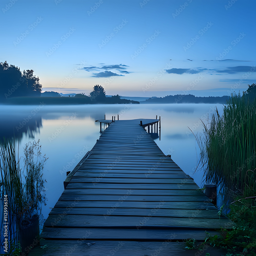 Fototapeta premium a dock with a boat in the water and a dock in the foreground. Generative AI