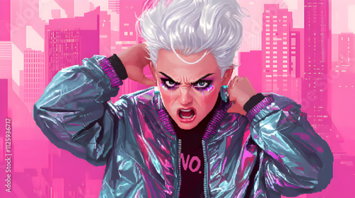 pixelated 2D game character portrait of a futuristic pop star with metallic makeup, holographic clothing, and an elaborate hairstyle, in a pose of confident grace, retro 8-bit video game aesthetic photo