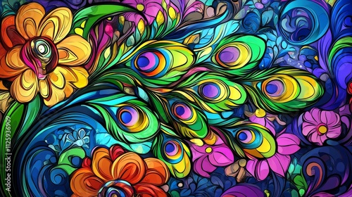 17.Colorful stained glass-style illustration of a peacockâ€™s tail with tropical flowers and feathers, arranged in a whimsical, abstract design; the composition blends apophysis and surrealism, with