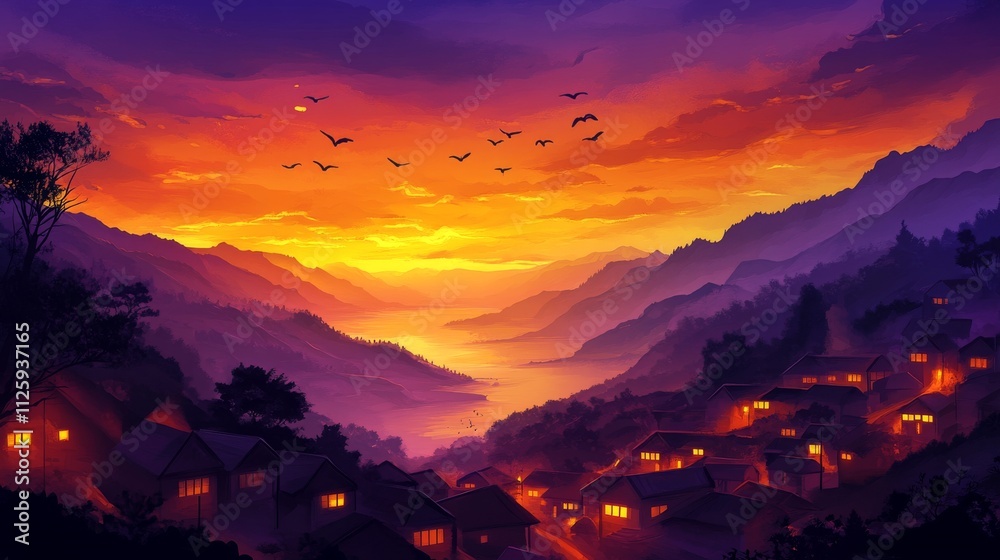 Fototapeta premium 86.A tranquil village nestled in the mountains at sunset, glowing warmly as the sky transitions to deep orange and purple hues, with a sandy beach stretching out in the distance. Silhouettes of birds