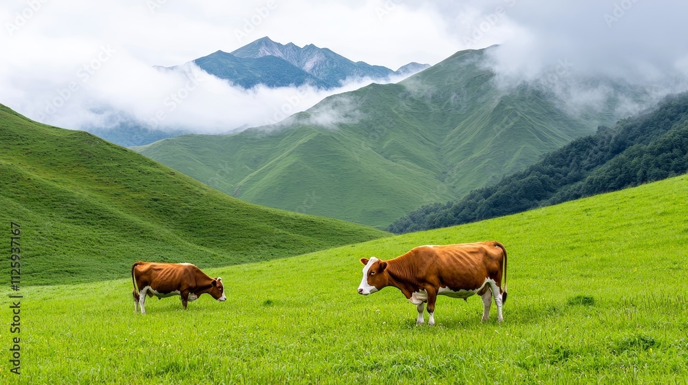 Obraz premium Two brown cows graze peacefully in a lush green meadow, surrounded by rolling hills and misty mountains under a cloudy sky.