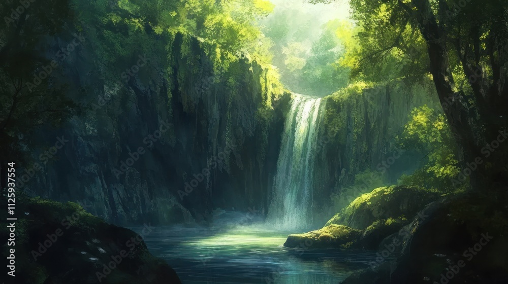 Enchanted Waterfall in Lush Green Forest Enchanted Waterfall in Lush Green Forest
