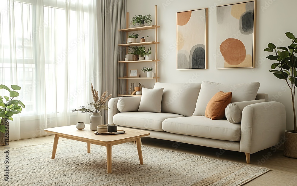 Obraz premium Modern living room with sofa, plants, and artwork.