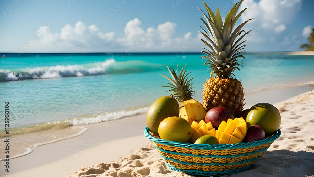 A vibrant fruit basket near crystal-clear beach water on a sunny day A vibrant fruit basket near crystal-clear beach water on a sunny day