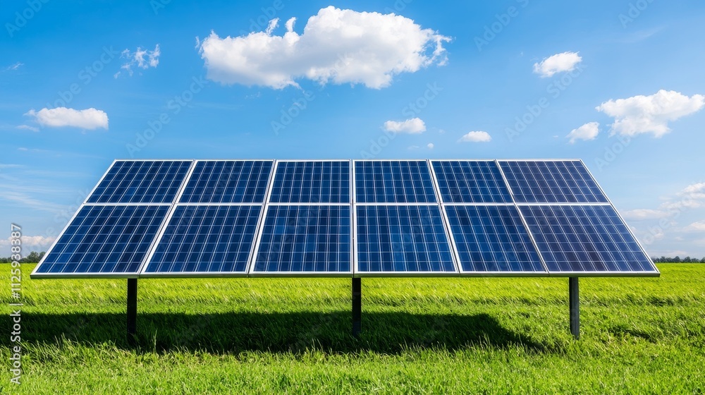 A solar panel array stands against a bright blue sky, surrounded by lush green grass, highlighting renewable energy potential. A solar panel array stands against a bright blue sky, surrounded by lush green grass, highlighting renewable energy potential.