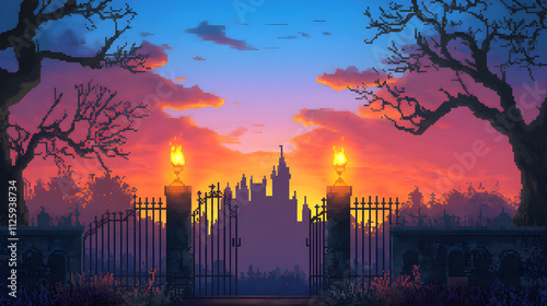 A 2D Pixel Art Horror Game Level Gothic Castle with Torchlit Gate and Dramatic Sunset Sky in Retro Gaming Aesthetics photo