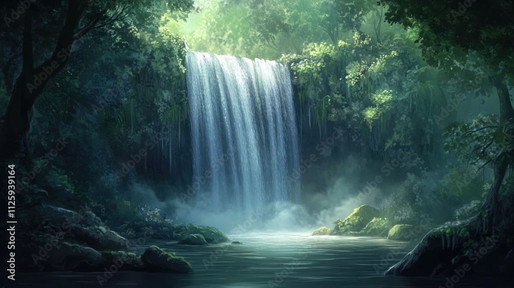 Enchanted Waterfall in Lush Green Forest: A Serene Digital Painting Enchanted Waterfall in Lush Green Forest: A Serene Digital Painting