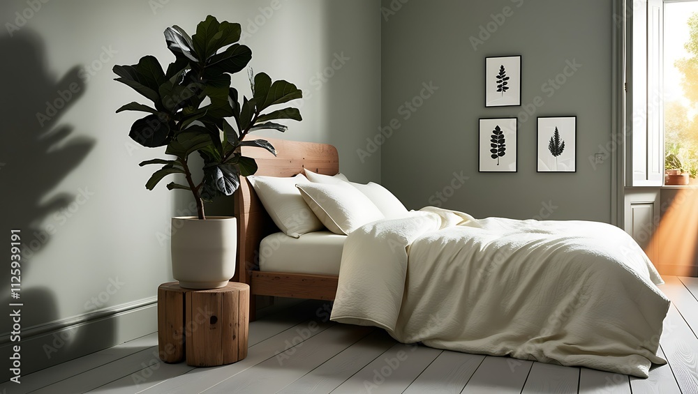 Minimalist bedroom interior with wooden bed, plant, sunlight. Minimalist bedroom interior with wooden bed, plant, sunlight.