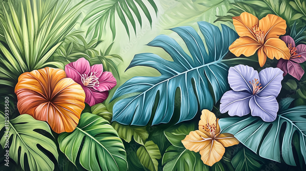 custom made wallpaper toronto digitalA vibrant tropical jungle scene with large monstera leaves, palm fronds, and colorful flowers against a lush green backdrop