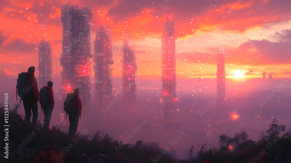 Standing in the city, a group of young people gazed at the towering skyscrapers made completely from data and code. Standing in the city, a group of young people gazed at the towering skyscrapers made completely from data and code.