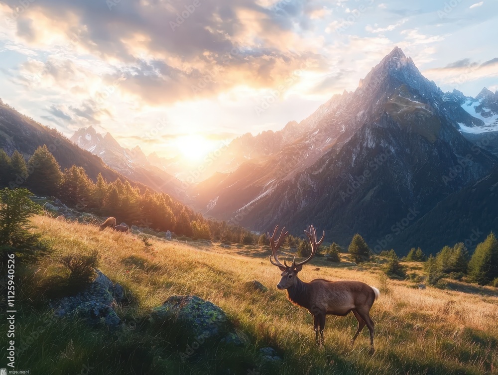 Grazing deer at sunset in a mountain meadow tranquil wildlife scene nature photography idyllic environment serene landscape Grazing deer at sunset in a mountain meadow tranquil wildlife scene nature photography idyllic environment serene landscape