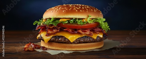 Juicy bacon cheeseburger with lettuce, tomato, and sesame seed bun on rustic wood. photo