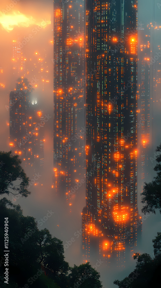 Fototapeta premium Standing in the city, a group of young people gazed at the towering skyscrapers made completely from data and code.