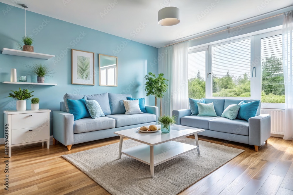 Fototapeta premium Minimalist White & Sky Blue Living Room - Modern Apartment Interior Design