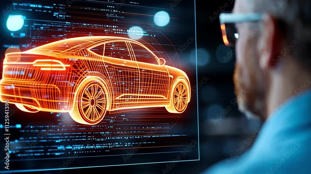 Man observing a futuristic digital car design on a holographic interface at a technology-driven workspace.