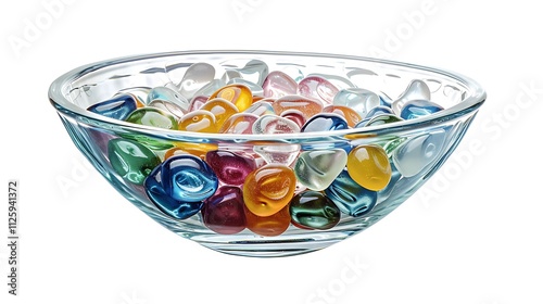 A transparent glass bowl filled with colorful jelly beans, isolated on a white background.