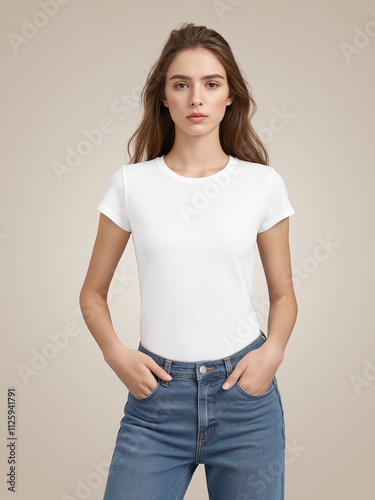 A women in white t-shirt with studio background 